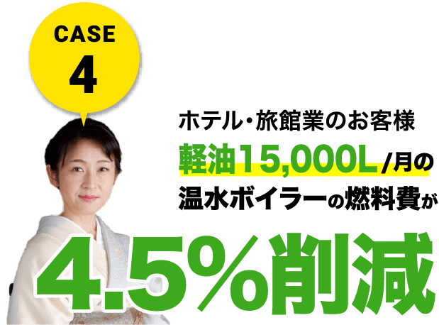 CASE4 ホテル・旅館業のお客様 軽油15,000L/月の温水ボイラーの燃料費が4.5%削減